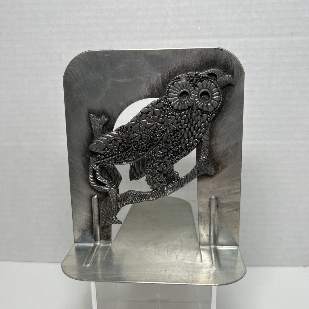 ONE Vtg Metzke Metal Pewter Owl Bookend 6" Boho Forest Silver 70s 80s Brutalist